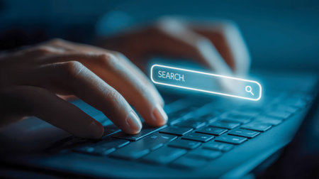 Focused hands work swiftly on an advanced keyboard, with a luminous digital search interface...