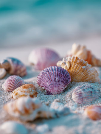 Vibrant shells with intricate patterns rest gently on powdery sand, while distant waves fade into a calming blur, evoking serenity and coastal beauty.の写真素材