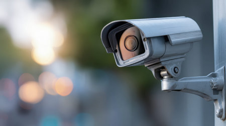 A vigilant outdoor camera secured to a sturdy metal arm scans the area as vibrant bokeh lights fade...