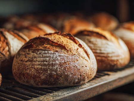 Warm ambient light highlights handcrafted sourdough loaves with crunchy golden crust and rustic...
