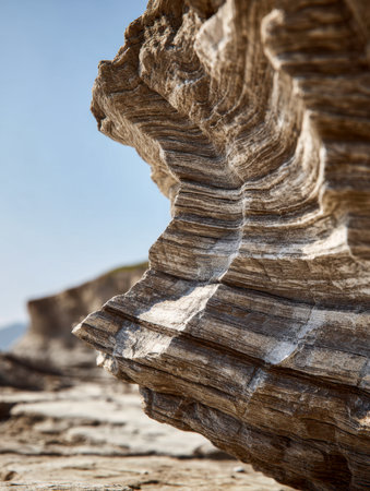 A vivid zoom into weathered sedimentary layers reveals intricate erosion marks and rugged textures, set against a bright, cloudless desert backdrop.の写真素材