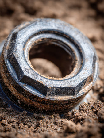 An extreme close-up reveals a rugged black metal fastener embedded in delicate soil, displaying...