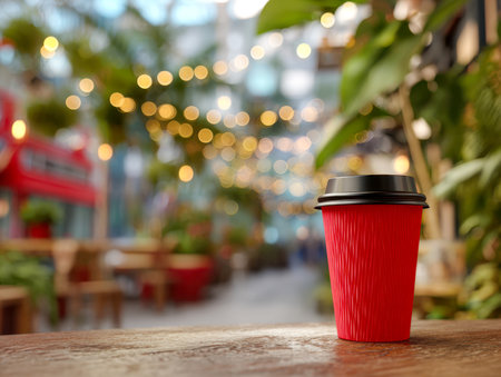 A vibrant red cup with a textured surface rests on a rustic wooden table, set against a cozy outdoor ambiance filled with gentle lights and abundant greenery.の写真素材