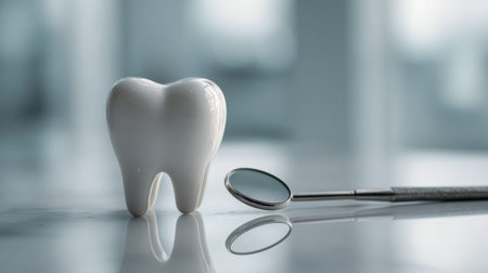 A gleaming porcelain dental model paired with a mirror, reflecting clean, healthy teeth on a...