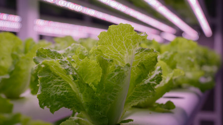 Vibrant lettuce leaves thrive under vivid purple led lighting in a sleek indoor farm, showing innovative urban farming for eco-friendly food production.の写真素材