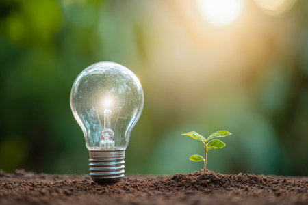 A bright idea takes root as an illuminated bulb rests near a tender sprout, embodying sustainable innovation and natural development beneath a clear sunlit sky.の写真素材