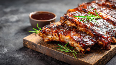 Juicy, smoky pork ribs glazed with tangy barbecue sauce, adorned with fragrant rosemary sprigs, displayed on a weathered wooden surface for a rustic appeal.の写真素材