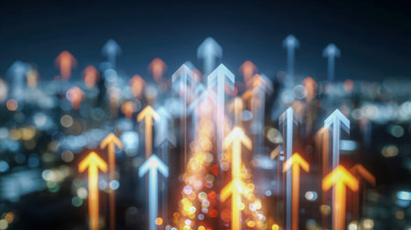 A vibrant night scene featuring a stylized city silhouette with luminous arrows ascending,...