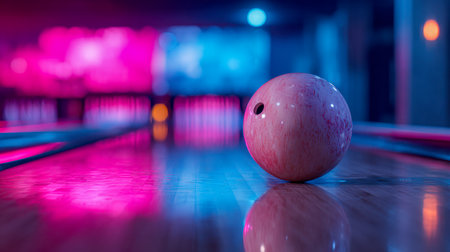 A vivid pink sphere sits poised on a polished wooden surface, illuminated by lively neon hues that cast a dynamic, energetic ambiance over the setting.の写真素材