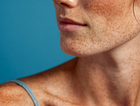 A serene portrait capturing the delicate textures of a womanâs skin, accentuated by gentle lighting and subtle freckles, set against a tranquil blue backdrop.の写真素材