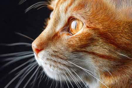 A striking ginger feline with luminous amber eyes and elongated white whiskers, poised alertly against a dark backdrop that accentuates its textured fur and keen expの写真素材