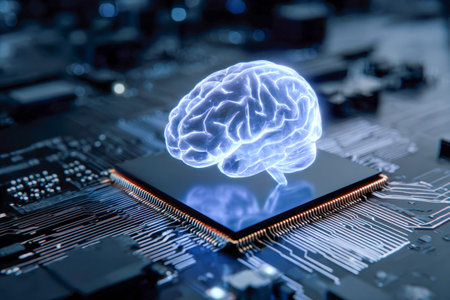 A luminous holographic neural network hovers above a sleek circuit array, embodying advanced...