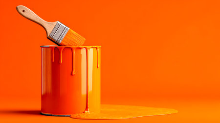 An energetic splash of orange hues captures the essence of creativity, with paint cascading from a brush onto an orange backdrop, evoking bold, expressive artistry.の写真素材
