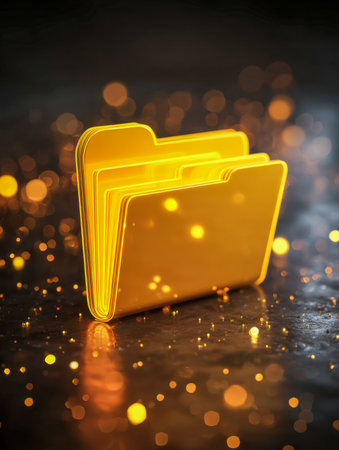 Bright, shimmering gold digital folder symbols radiate vivid light on a sleek, dark mirror-like surface, embodying modern data management and innovative tech workfloの写真素材