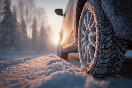 A icy wheel rests on a snow-blanketed path as dawn?s gentle glow illuminates the landscape, with...
