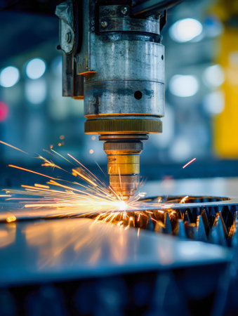 Precision engineering at work as a high-tech laser system emits vibrant sparks, expertly carving...