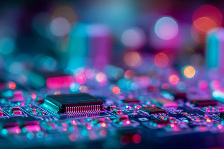 A dynamic, glowing electronic landscape featuring intricate microchips and components bathed in...