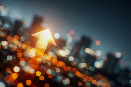 A luminous arrow ascends boldly above a softly blurred nighttime metropolis, evoking themes of...