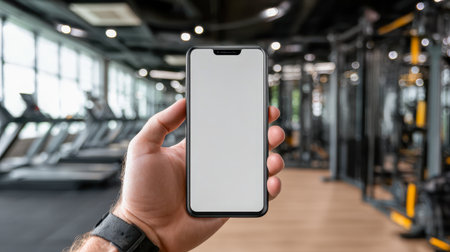 A person grips a sleek smartphone with an empty display, set against a contemporary gym filled with high-tech cardio gear and workout stations, evoking focus and potの写真素材