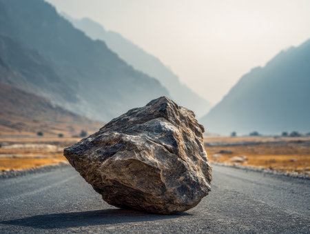 A massive, weathered stone rests across a mountain path, with mist-shrouded summits and wild terrain stretching into the bright blue sky.の写真素材
