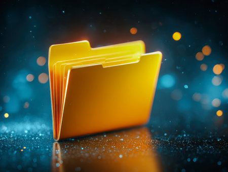 A luminous gold-colored icon resembling a traditional file folder, set against a dark, textured...