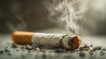 A lit cigarette rests on a surface, its glowing tip flickering amid scattered ashes, while wisps of...