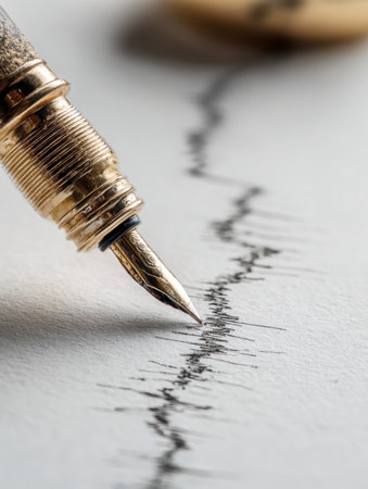 An antique fountain pen leaves bold, unpredictable strokes on crisp white paper, embodying inventive spirit and the freedom of individual expression in writing.の写真素材