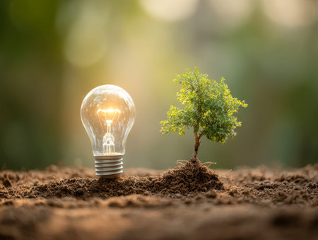 A glowing filament design beside a lush sapling rooted in fertile earth, set against a gentle, earthy backdrop expressing eco-friendly innovation and vitality.の写真素材