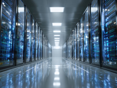 Sleek server arrays glow with vibrant lights, mirrored on glossy floors beneath illuminating panels,...