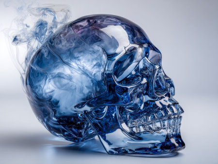 A sleek, azure glass skull containing flowing smoke evokes intrigue and sophistication, set against a quiet, understated backdrop emphasizing minimalist charm.の写真素材