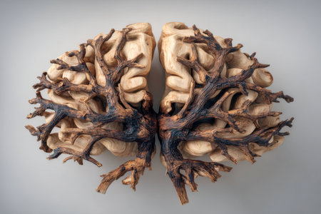 A detailed wooden sculpture depicting split brain hemispheres intertwined with root-like extensions, representing connection, growth, and intellectual nature againstの写真素材