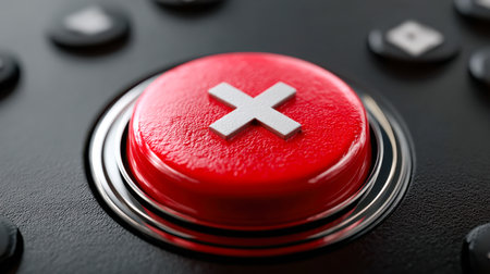 A vivid red safety switch featuring a white cross icon, mounted on a sleek black control interface, designed to prompt swift halts and enhance operational security.の写真素材