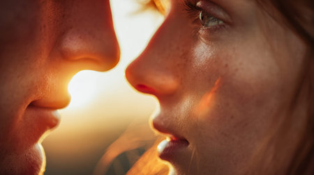 A pair of lovers share a gentle gaze during sunset, their faces softly lit by golden hues that evoke...