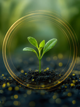 A delicate seedling emerges from nutrient-dense earth, encircled by luminous gold rings representing...
