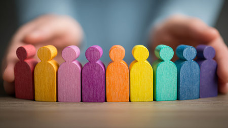 A multicultural hands gently cradle a spectrum of vibrant wooden figures, symbolizing harmony,...