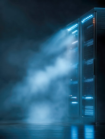 A sleek, high-tech server array glows with vibrant blue LEDs, shrouded in swirling mist and smoke,...