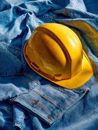 A vibrant yellow safety helmet gently rests atop a wrinkled denim jacket, highlighting themes of...
