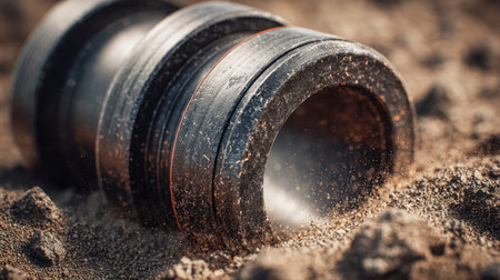 A close-up shot reveals a sleek black camera lens subtly emerging from textured sandy terrain, with...