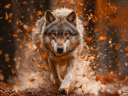A fierce wolf surges through a vibrant autumn woodland, leaves swirling wildly around, with piercing...
