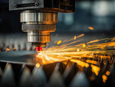 A cutting-edge laser device illuminates a steel sheet with a burst of sparks, capturing the precision and intensity of modern manufacturing in a sleek industrial setの写真素材