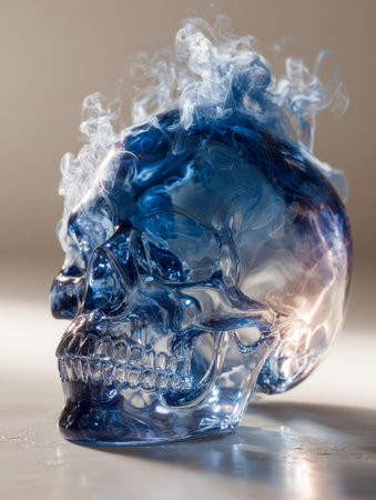 A captivating blue glass skull with delicate translucence, surrounded by swirling mist that enhances its enigmatic and intense aura against a simple backdrop.の写真素材