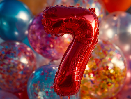 A vibrant celebration scene featuring a glossy crimson numeral seven balloon encircled by cheerful balloons bursting with multicolored confetti, perfect for joyous oの写真素材