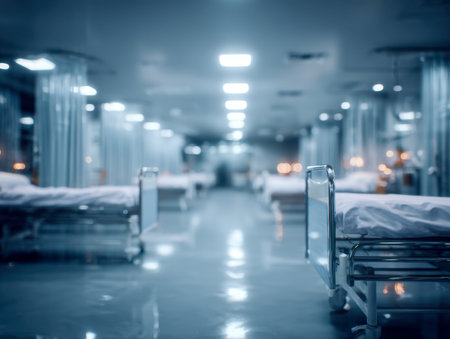 A spacious, well-lit hospital room featuring neatly arranged empty beds, emphasizing a pristine and orderly setting designed for healing and patient comfort.の写真素材