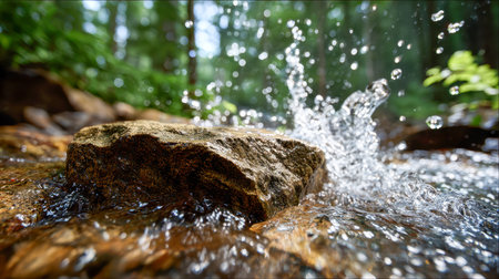 Clear water cascades over a rugged stone, adding energy to a vibrant forest scene with dappled...