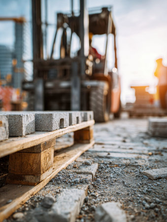 Warm sunset glow illuminates a busy construction yard, featuring neatly arranged wooden pallets...
