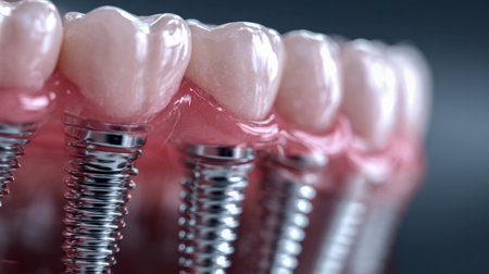 A highly detailed diagram highlighting modern dental restoration methods, featuring lifelike gums...
