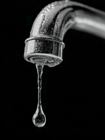 A gleaming faucet with dewy condensation releases a single droplet, emphasizing purity and the importance of conserving our precious water resources.の写真素材