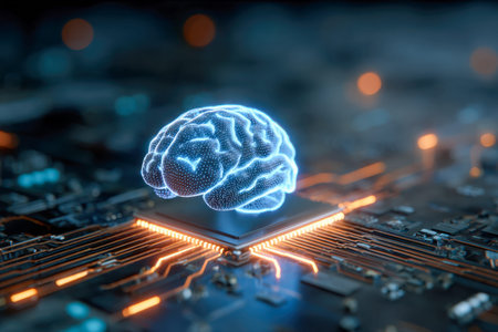 A luminous digital intelligent floats above a complex circuit matrix, embodying cutting-edge ai...
