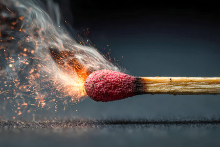 A fiery burst as a wooden match ignites, showering colorful sparks and curling smoke against a dark...