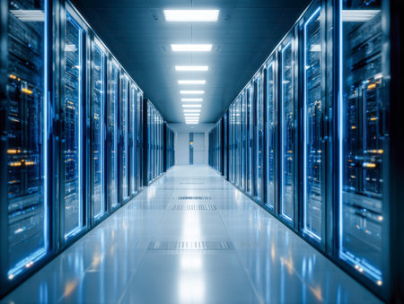 A sleek, contemporary server room featuring glowing racks aligned on a reflective floor, bathed in...